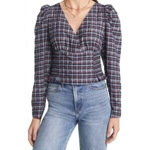 Treasure & Bond New Womens Plaid Long Sleeve Smocked Crop Top S Academia Preppy